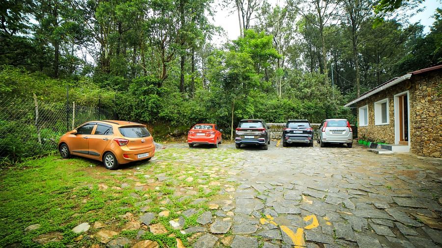 Image of a parking lot with cars parked on it and trees in the background at WOW Bison Woods.